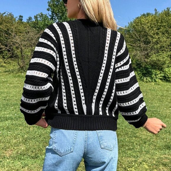 Black And White Casual Women's Striped Round Neck Hollow Out Sweater - Picture 4 of 5